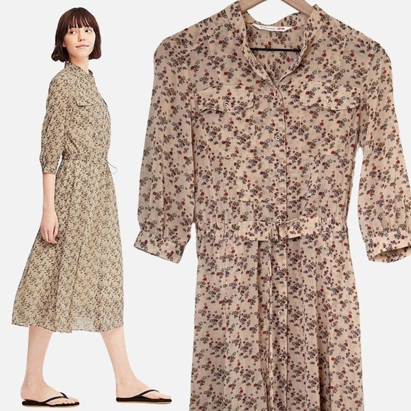 Tomas Maier Chiffon Midi Dress | Printed | Button Front | Tan | Small - Picture 1 of 10
